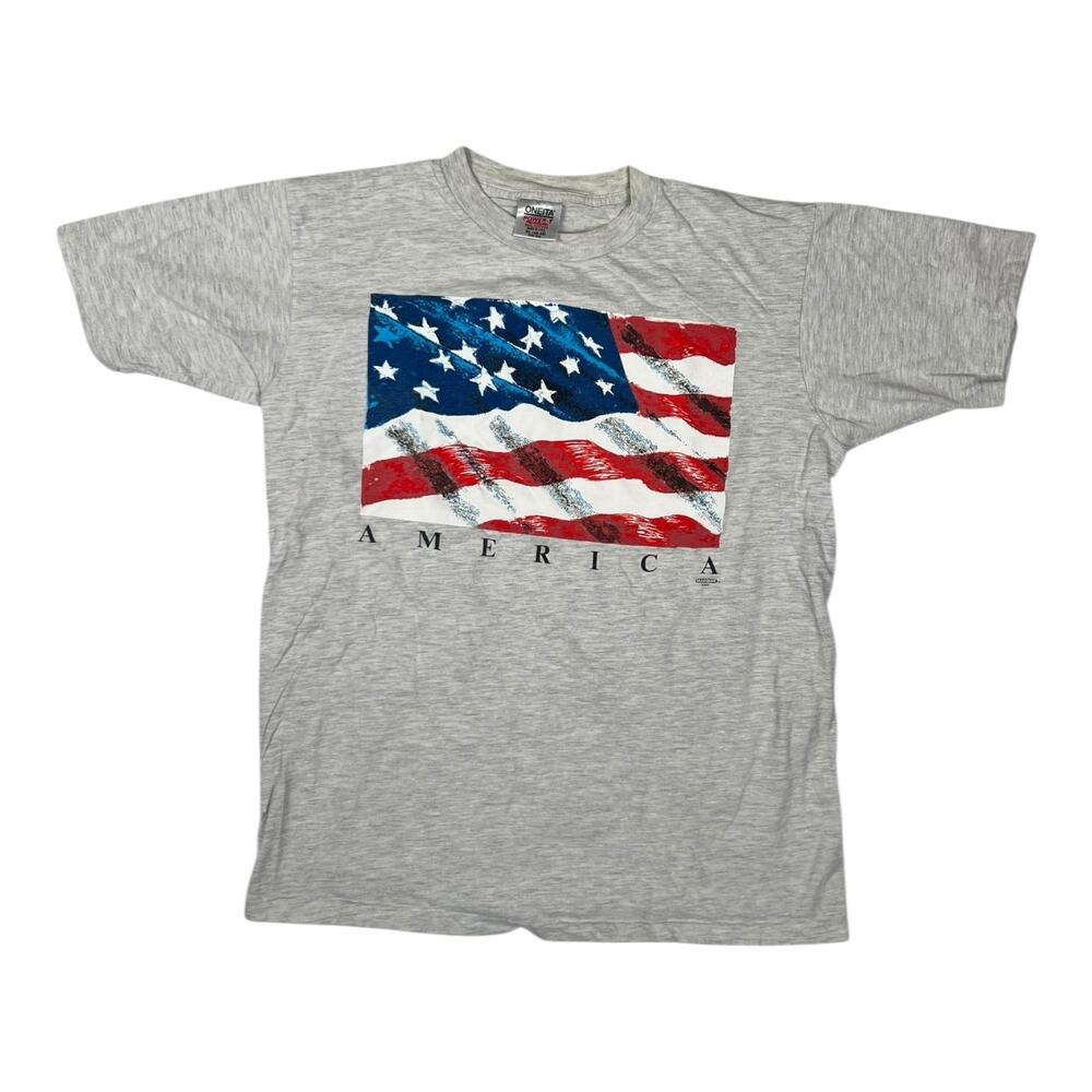 Vintage USA Flag Patriotic America T-Shirt Mens XL Gray Single Stitch Oneita 90s